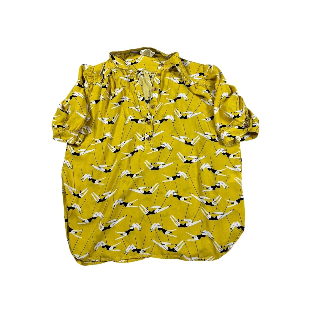 Anthropologie Emily Isabella Trapeze Artist Print Blouse Yellow XS Short Sleeve